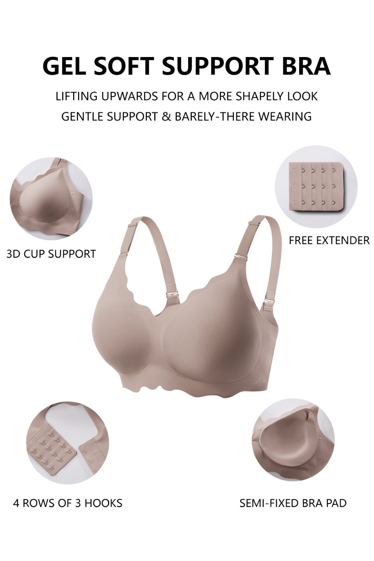 Jelly Bras for Women No Underwire Scalloped Push Up Wireless Bralettes Seamless Soft Comfort Everyday Tshirt Bra Grey