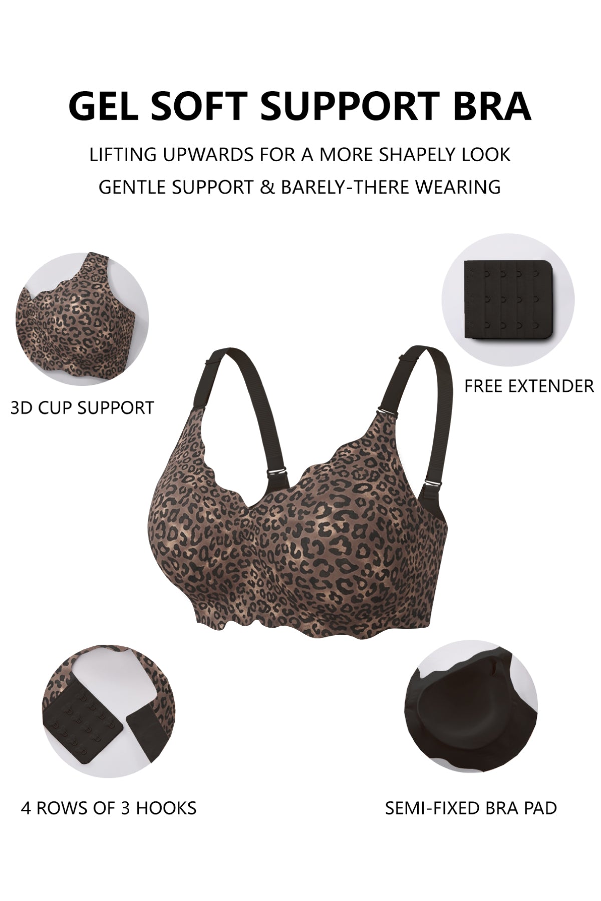 Jelly Bras for Women No Underwire Scalloped Push Up Wireless Bralettes Seamless Soft Comfort Everyday Tshirt Bra Black Leopard