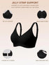 Black bralette with semi-fixed pads, breathable fabric, and a hook-and-eye closure
