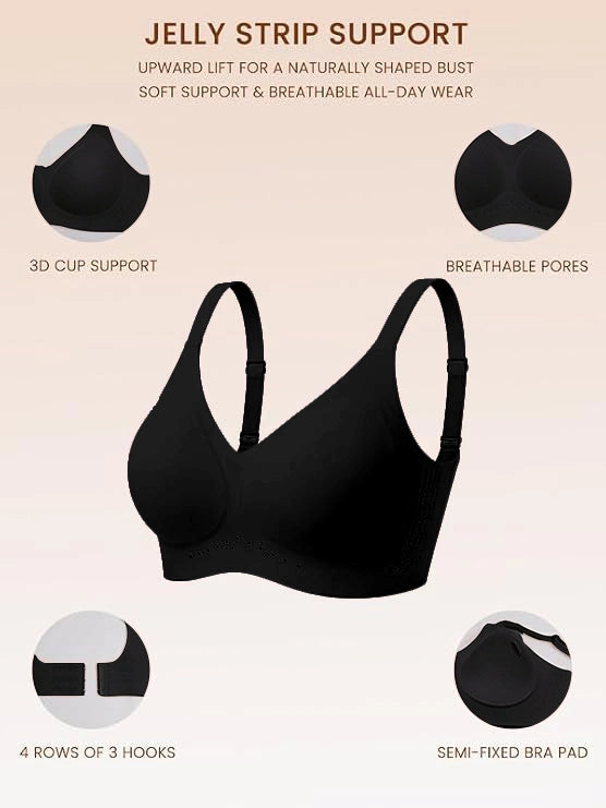 Black bralette with semi-fixed pads, breathable fabric, and a hook-and-eye closure