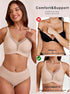 Skin-tone wireless bra with wide straps, smooth cups, and a deep V neckline.