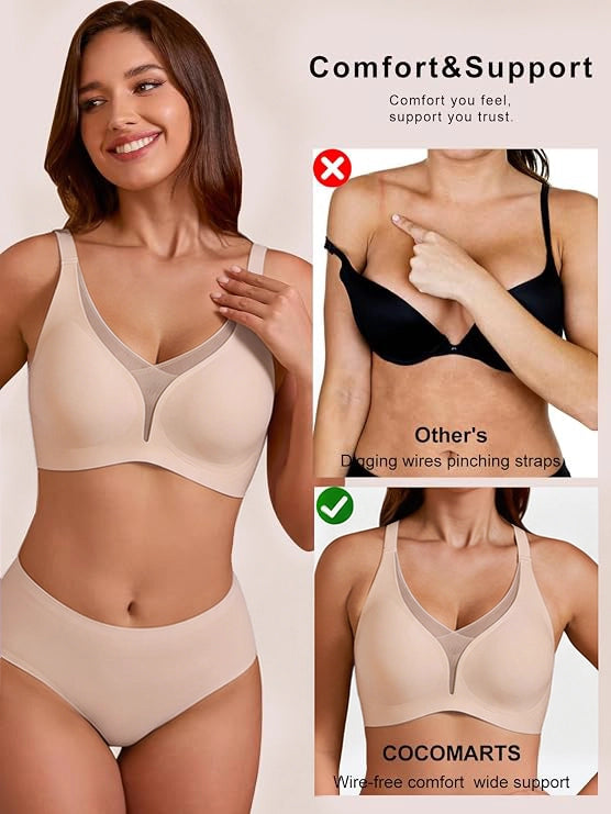 Skin-tone wireless bra with wide straps, smooth cups, and a deep V neckline.