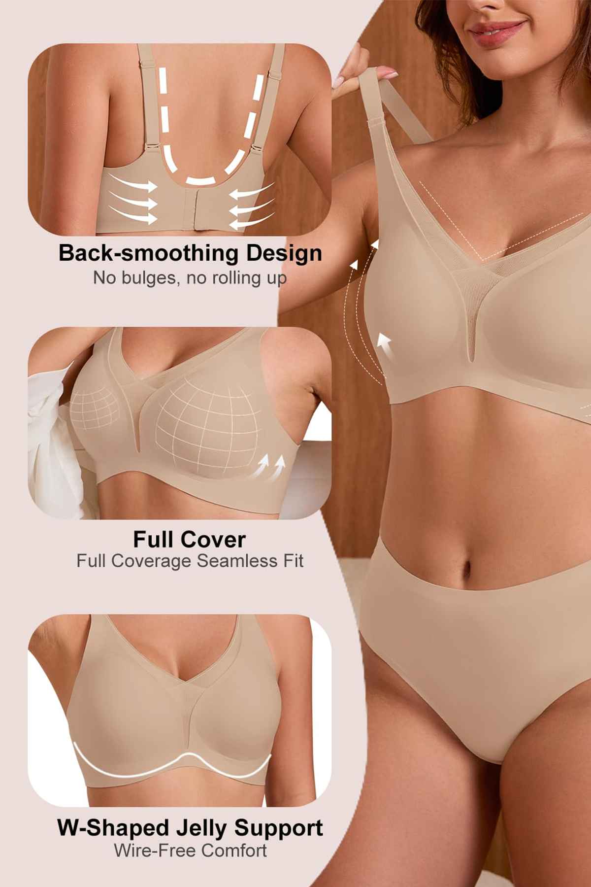 Jelly Bras for Women No Underwire Push Up Deep V Mesh Comfort T Shirt Bralette Wireless Seamless Everyday Bra Nude