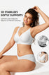 White wireless deep V bra with smoothing underbust line, modeled while seated
