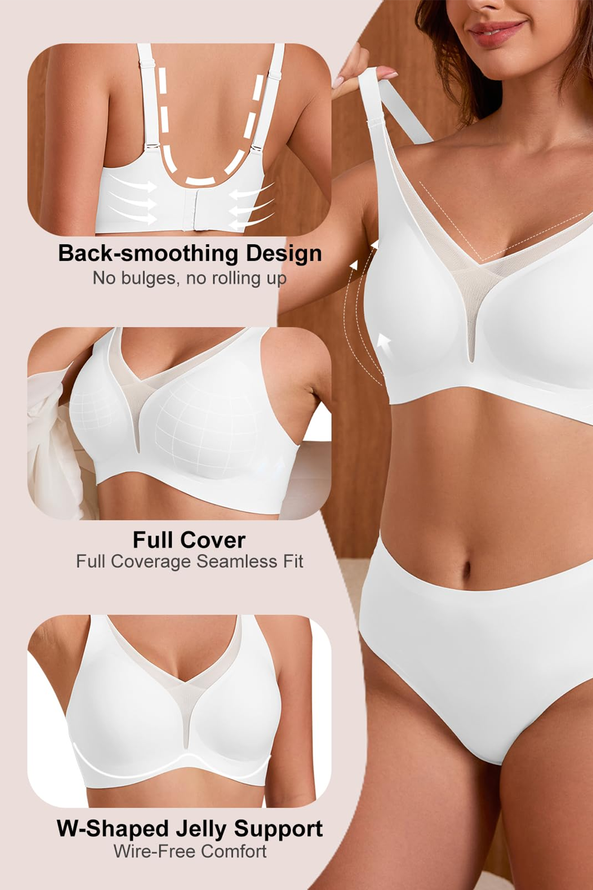 Jelly Bras for Women No Underwire Push Up Deep V Mesh Comfort T Shirt Bralette Wireless Seamless Everyday Bra White