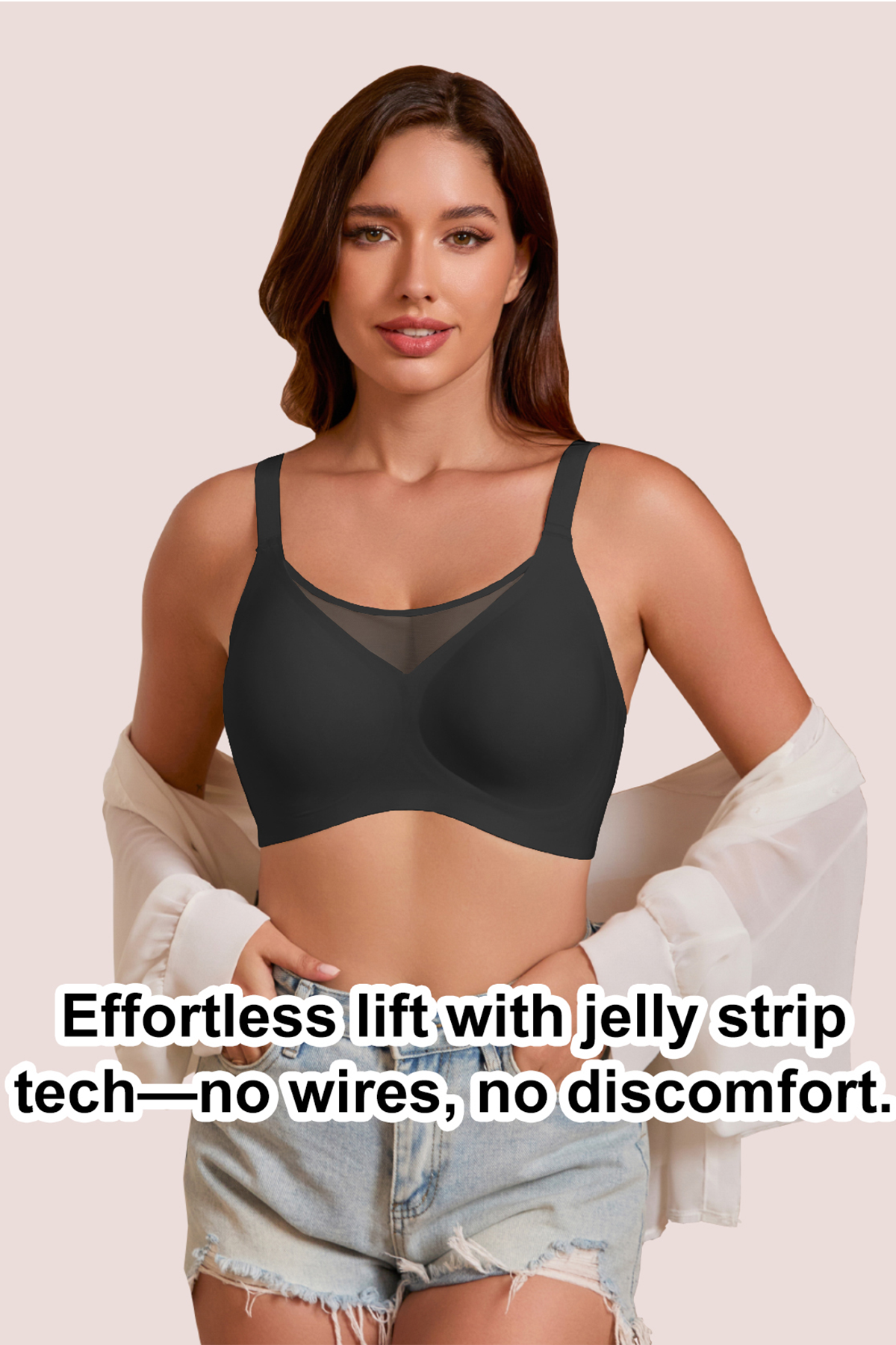 Jelly Bras for Women No Underwire Push Up V Mesh Seamless Comfort Tshirt Bra Supportive Lift Bralette Everyday Bra Black