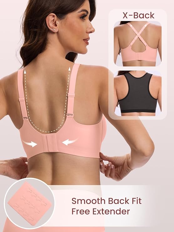 Pale pink bra shown from the back with adjustable straps and a hook-and-eye closure