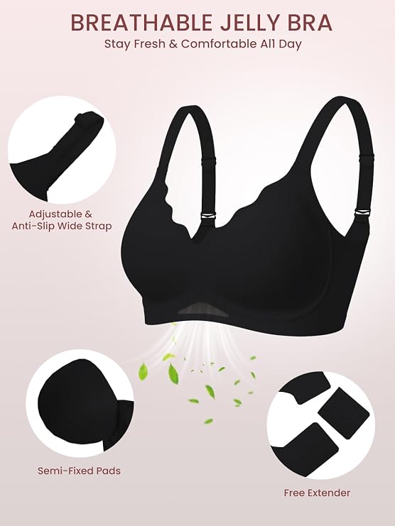 Black wireless bra with adjustable wide straps, semi-fixed pads, and included extender