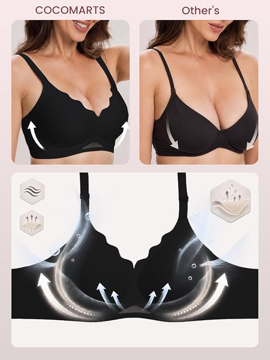 Black scalloped wireless bra with wide straps shown alongside a comparison bra