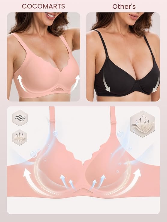 Pale pink scalloped bra with breathable mesh cups shown in a comparison graphic