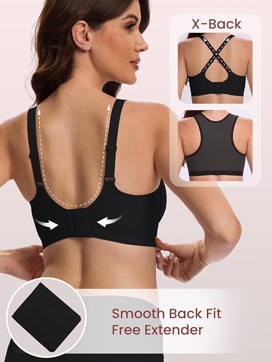 Black bra with smooth back band and adjustable straps; inset shows cross-back styling