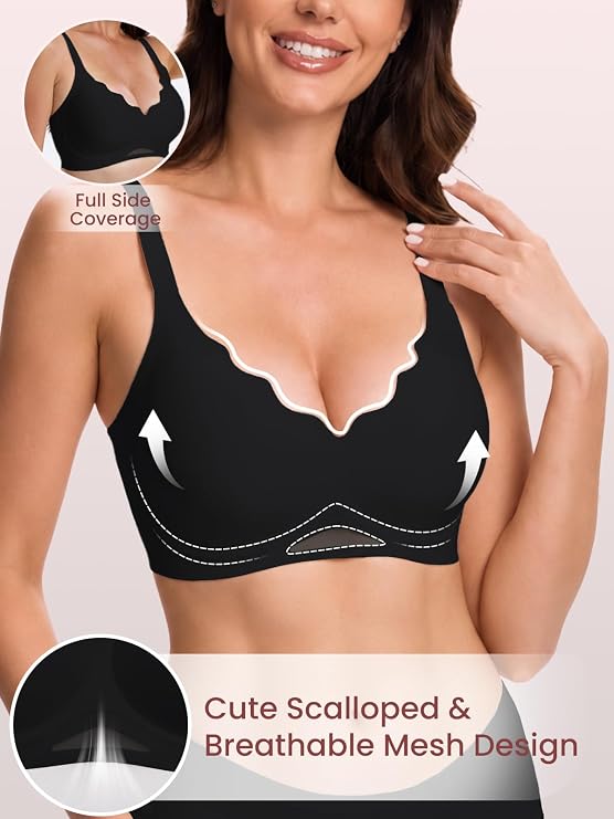 Black wireless bra with scalloped neckline, mesh panel, and full side coverage