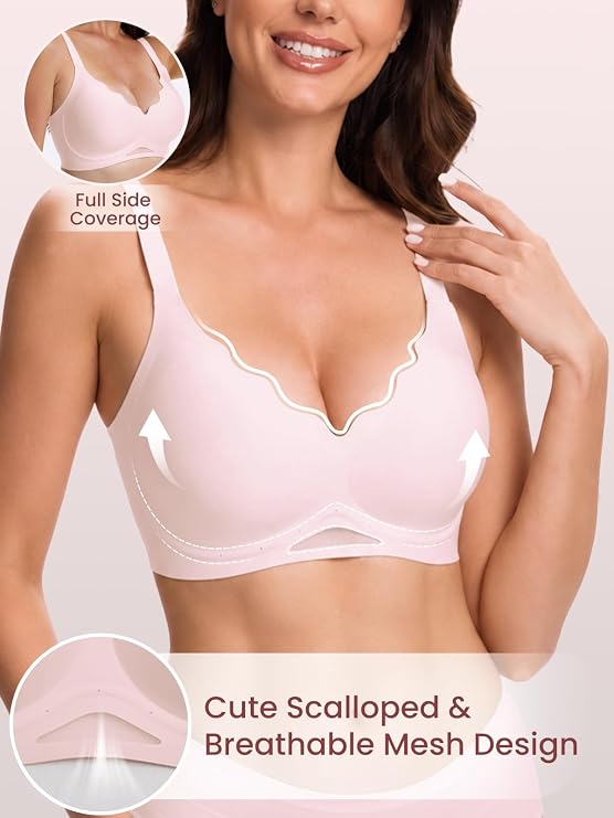 Pink seamless bra with scalloped neckline, wide straps, and breathable mesh detail