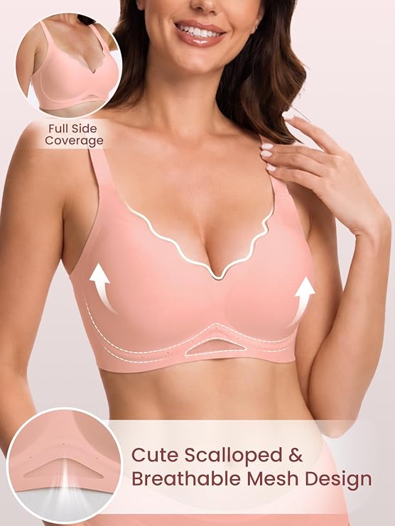 Pale pink scalloped bra shown close up, highlighting full side coverage and mesh detail