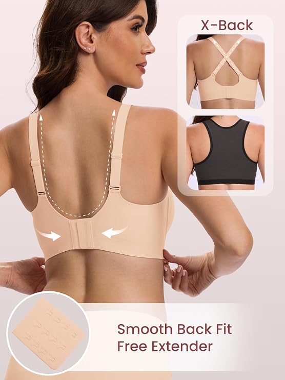 Nude bra back with adjustable straps, hook closure, and removable extender
