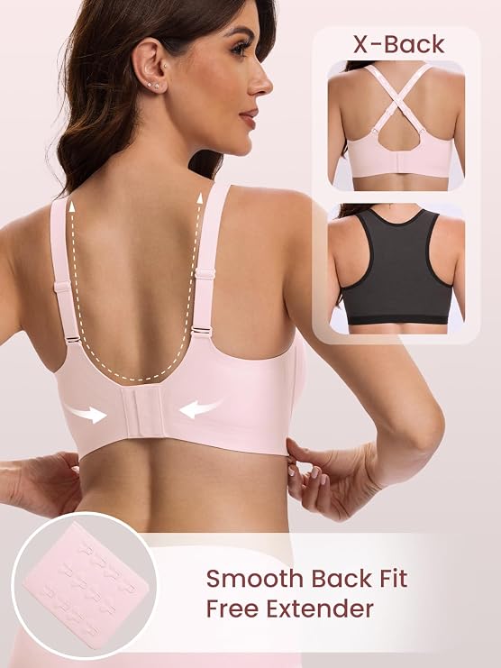 Pink bra back with adjustable straps, hook closure, and smooth band