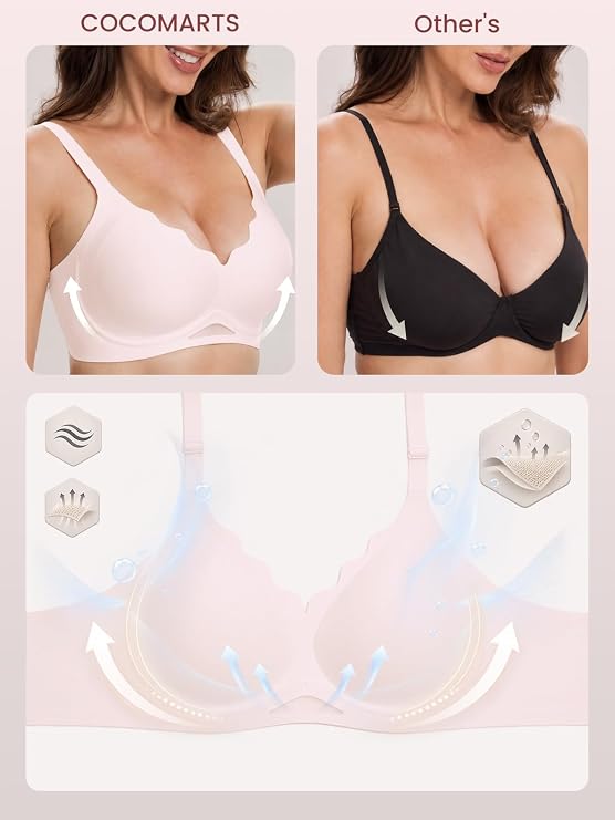 Pink scalloped bra with wide straps and smooth, molded cups.