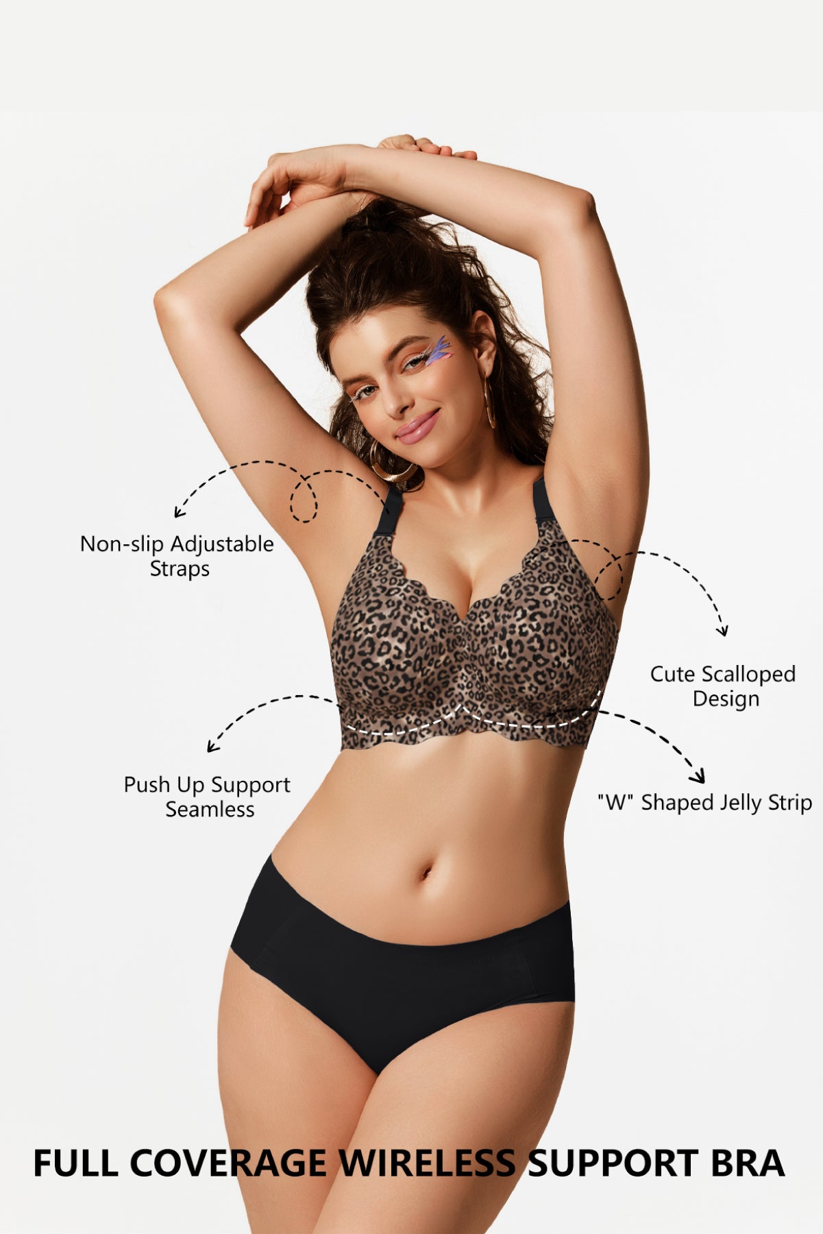 Jelly Bras for Women No Underwire Scalloped Push Up Wireless Bralettes Seamless Soft Comfort Everyday Tshirt Bra Black Leopard