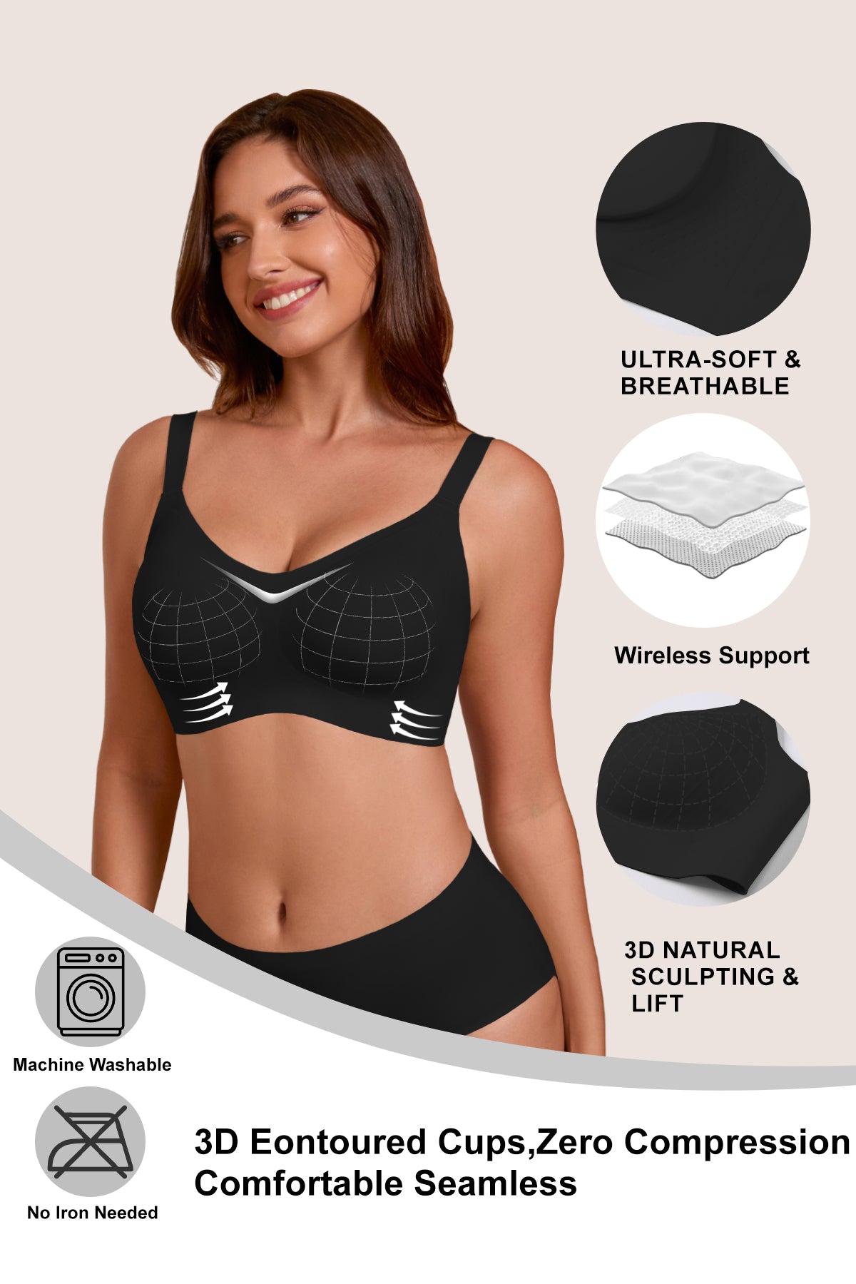 Jelly Bras for Women No Underwire Full Coverage Push Up Bra Wireless Seamless Bra Comfortable Tshirt Bralettes Black