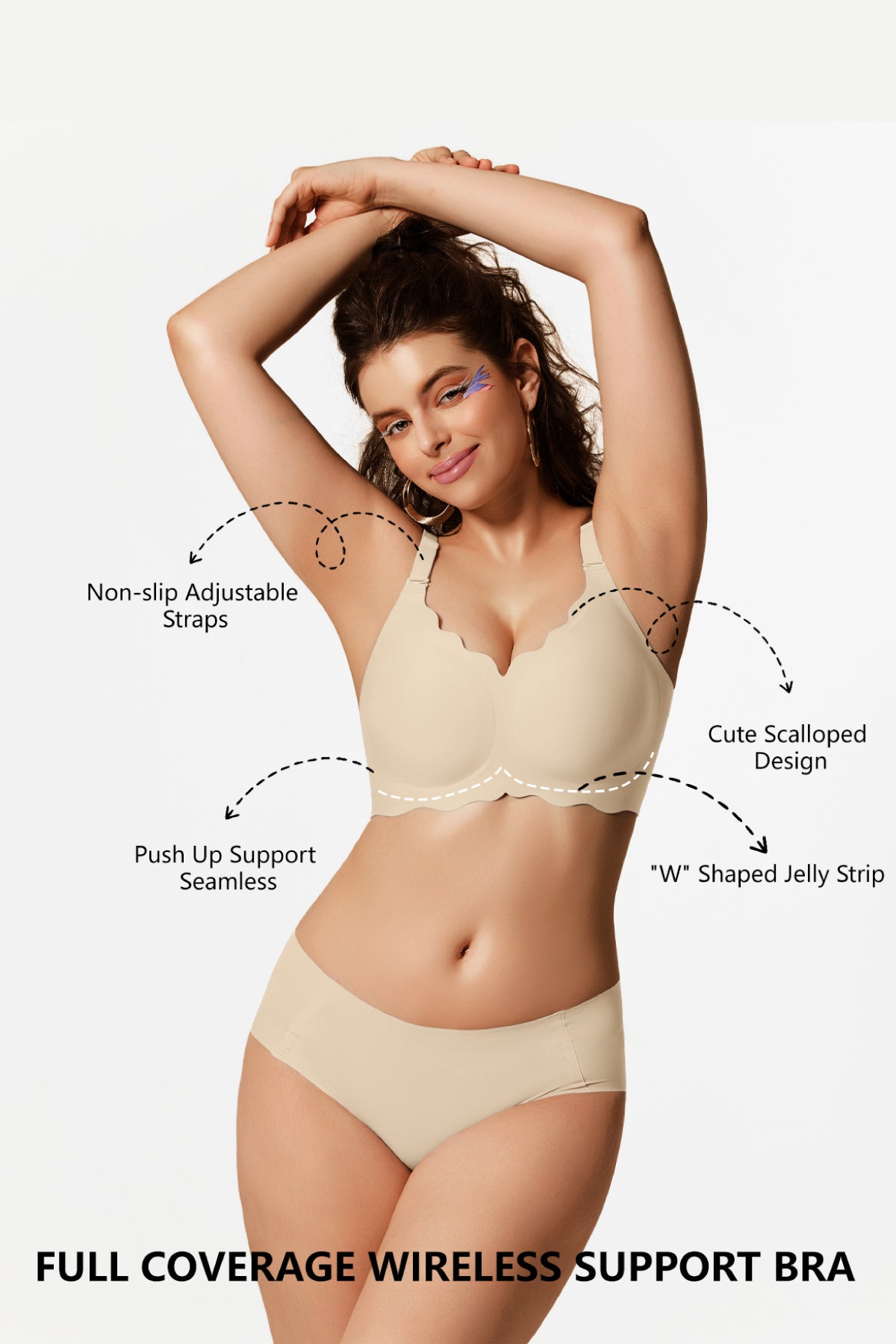 Jelly Bras for Women No Underwire Scalloped Push Up Wireless Bralettes Seamless Soft Comfort Everyday Tshirt Bra Semolina