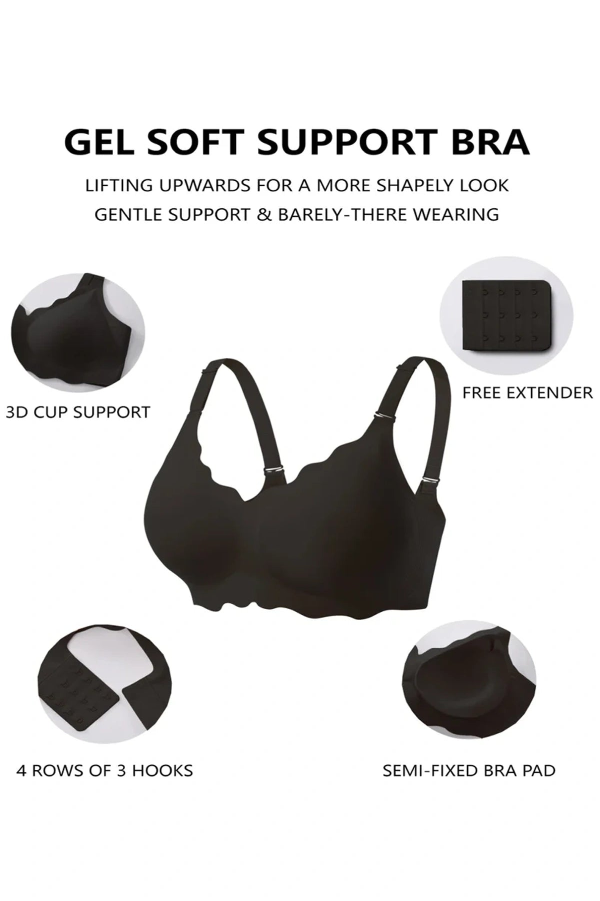 Black wireless bra with molded cups, adjustable straps, and hook-and-eye back closure