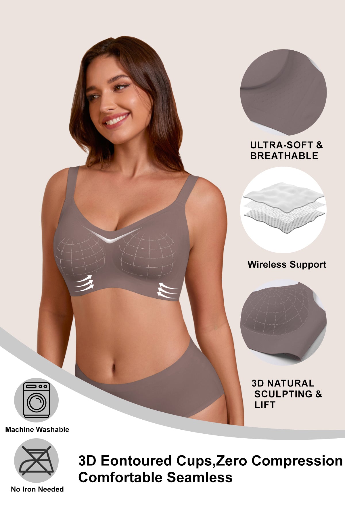 Jelly Bras for Women No Underwire Full Coverage Push Up Bra Wireless Seamless Bra Comfortable Tshirt Bralettes Coffee