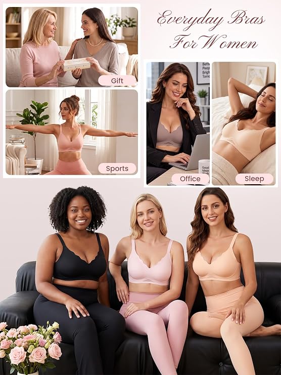 Wireless bra shown on models in black, pale pink, and peach across lifestyle settings