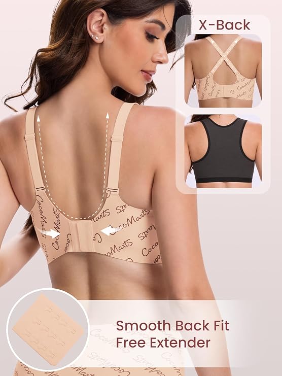 Beige printed bra showing a smooth back and crossed adjustable straps