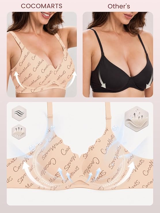 Beige printed bra with molded cups, wide straps, and scalloped edges