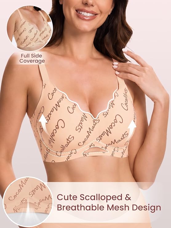Beige printed bra with scalloped mesh cups and wide shoulder straps