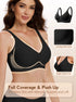 Black wireless bra with lifing gel line and smooth side panels, molded cups