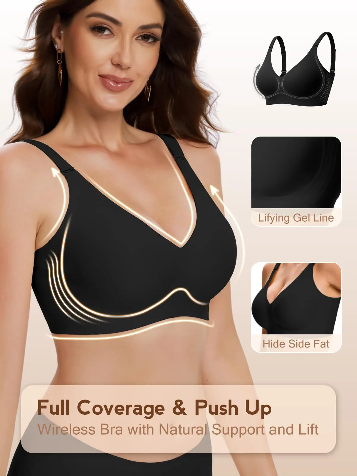 Black wireless bra with lifing gel line and smooth side panels, molded cups