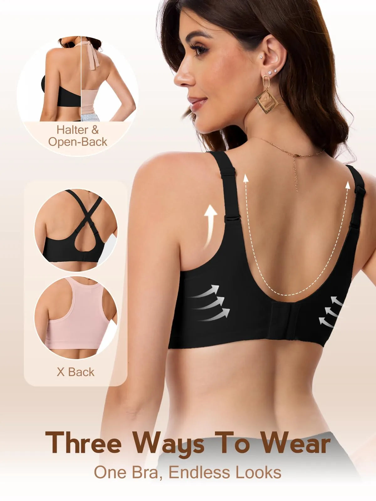 Black wireless bra with open-back strap design and adjustable back closure