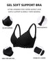 Black support bra diagram: 3D cups, elastic straps, wide hook-and-eye band