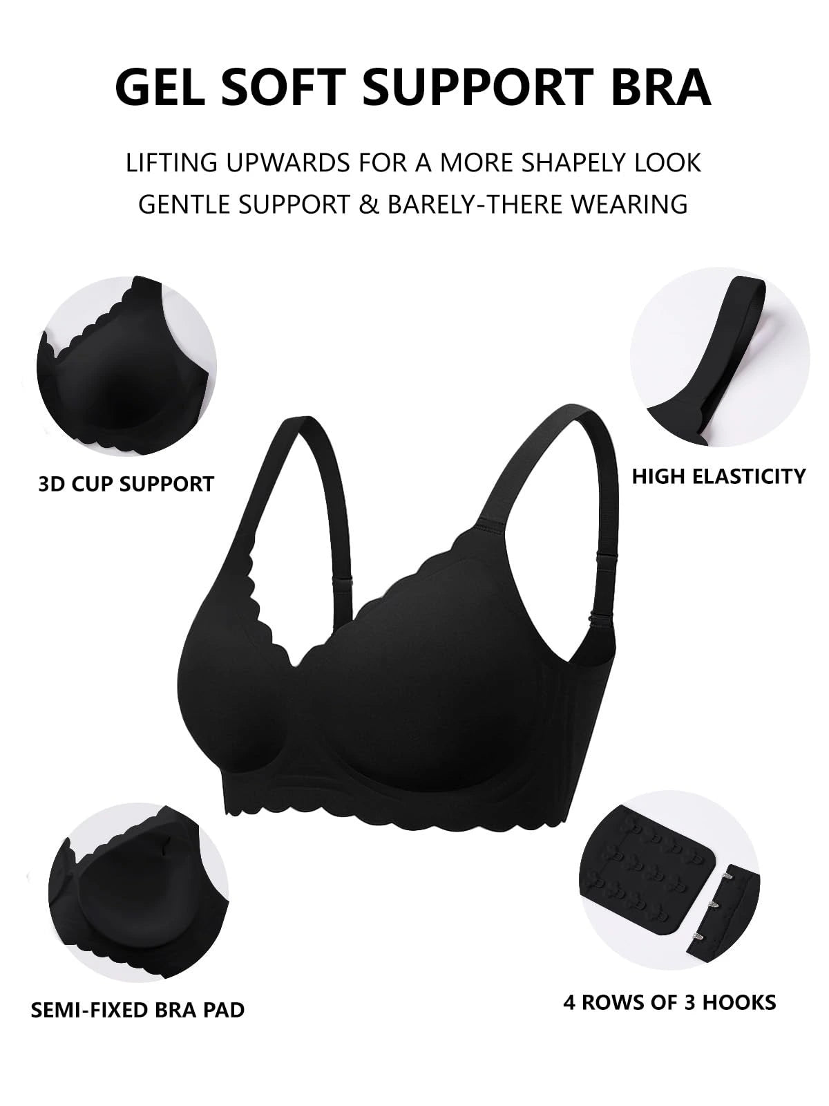 Black support bra diagram: 3D cups, elastic straps, wide hook-and-eye band