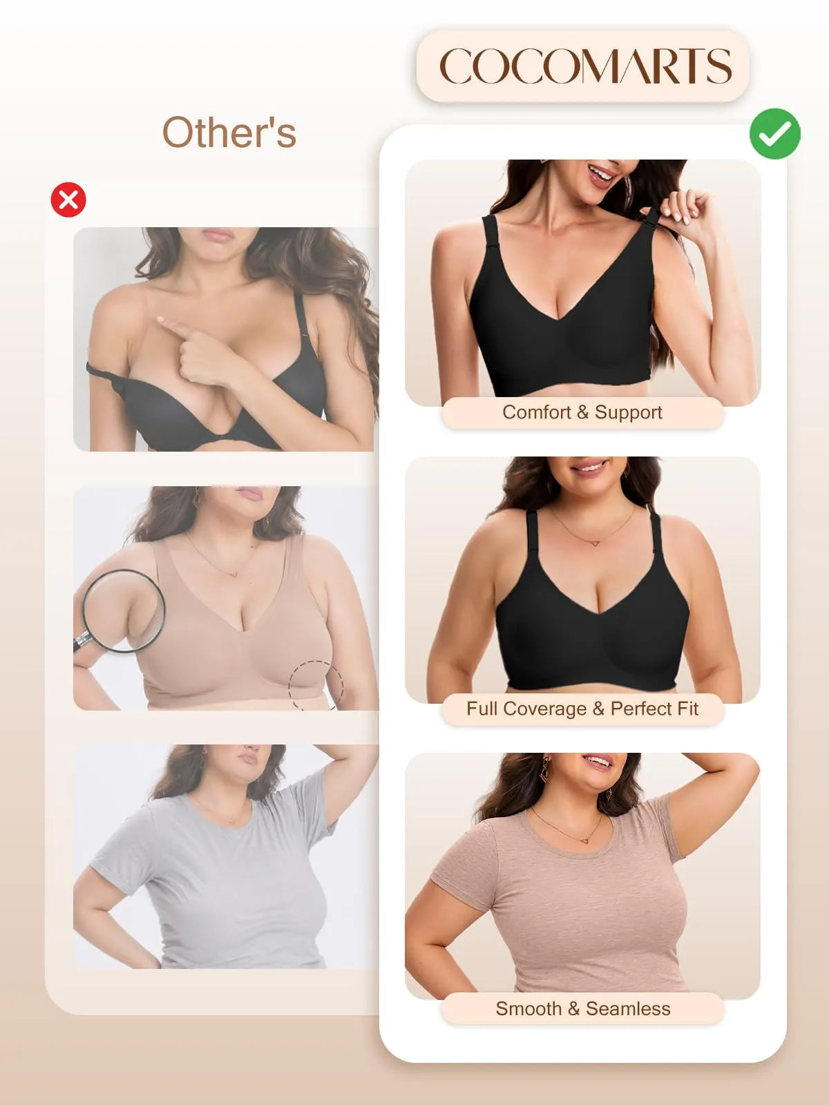 Black seamless wireless bra on model with V-neck and comfort support fit