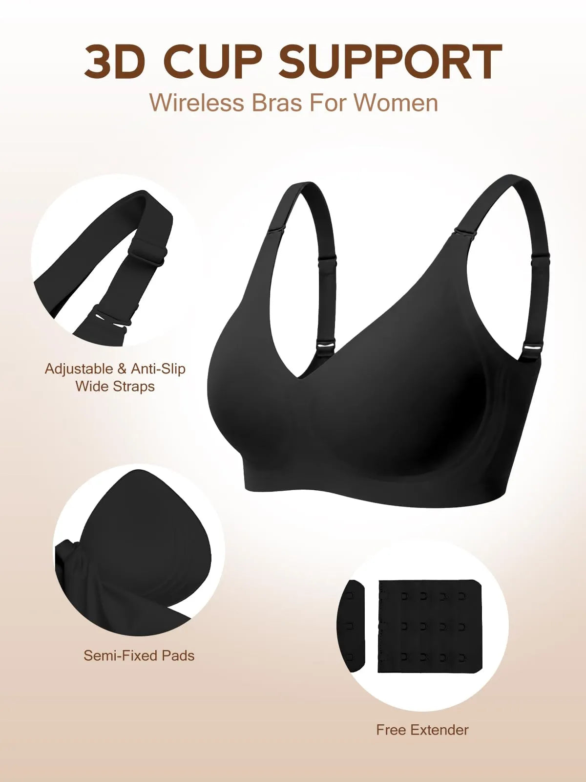 Black wireless bra with 3D molded cups, wide straps and semi-fitted pads