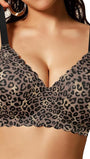 Black leopard print full-coverage bra with scalloped edge, no underwire, wide straps