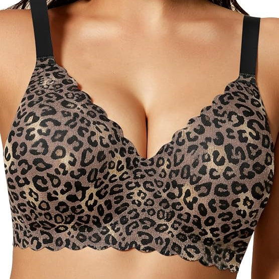 Black leopard print full-coverage bra with scalloped edge, no underwire, wide straps