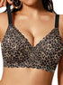 Black leopard print full-coverage bra with scalloped edge, no underwire, wide straps