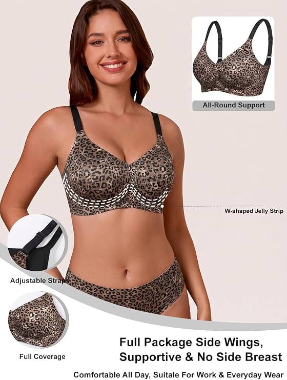 Leopard print wireless support bra, wide band, adjustable shoulder straps