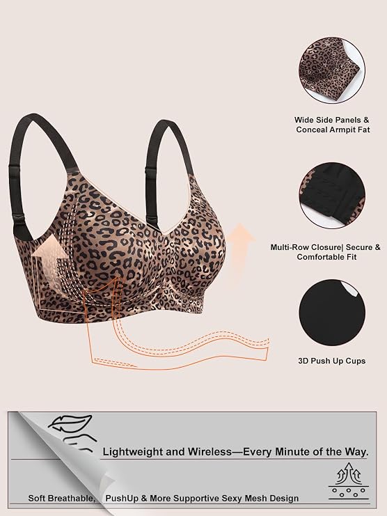 Leopard print wireless bra flat lay with full-coverage cups and wide side panels