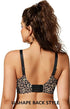 Back view of black leopard print bra with adjustable straps and hook-closure band