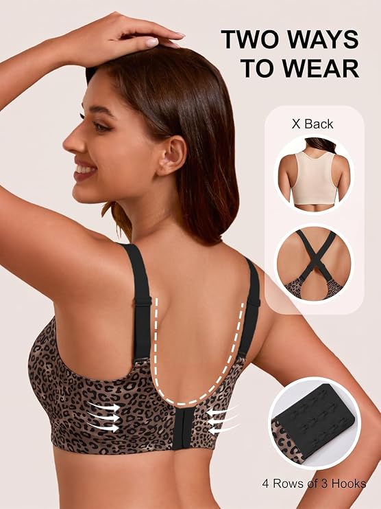 Leopard print wireless bra back view with adjustable straps and hook closure