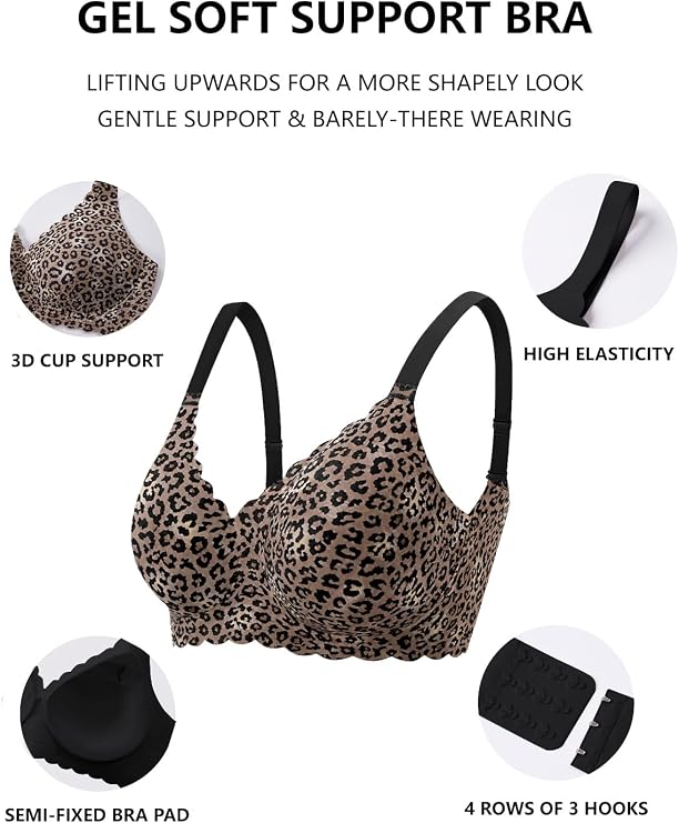 Leopard print soft support bra with 3D cup support, semi-fixed pads, and hook band