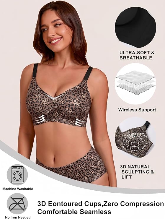 Seamless wireless leopard print t-shirt bra with V-neck and wide underband