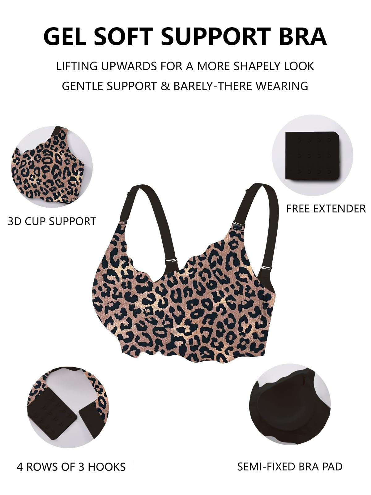 COCOMARTS Jelly Bras for Women No Underwire Scalloped Push Up Wireless Bralettes Seamless Soft Comfort Everyday Tshirt  BraBlack Leopard