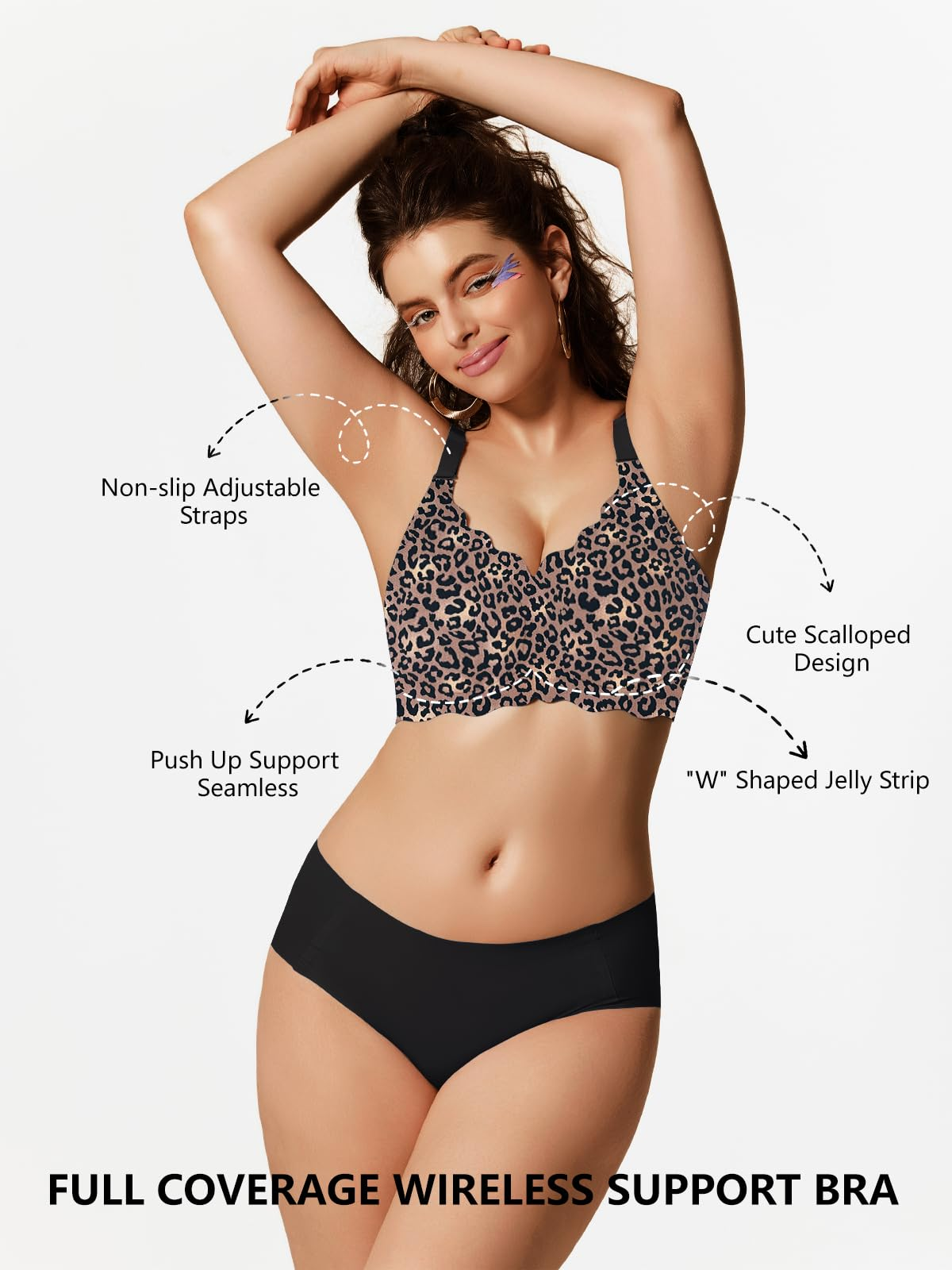 COCOMARTS Jelly Bras for Women No Underwire Scalloped Push Up Wireless Bralettes Seamless Soft Comfort Everyday Tshirt  BraBlack Leopard