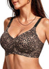 Wireless full-coverage leopard print t-shirt bra with black adjustable straps