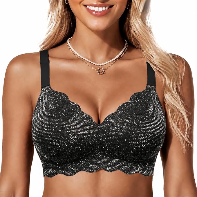 Black glitter scalloped wireless push-up bra with V-neck and wide adjustable straps